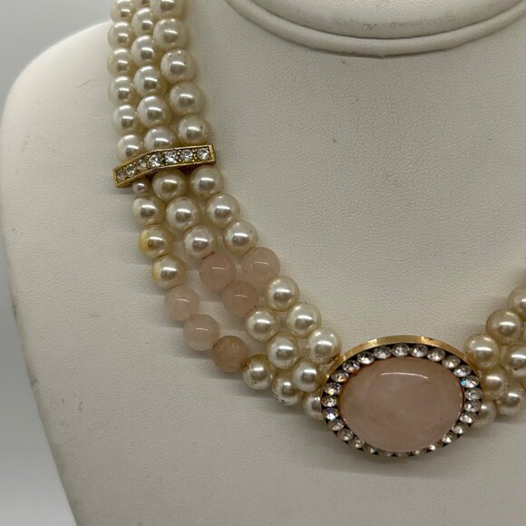 Vintage Faux Pearl & Rose Quartz Triple-Strand Necklace With Rhinestone Accents - Picture 7 of 16